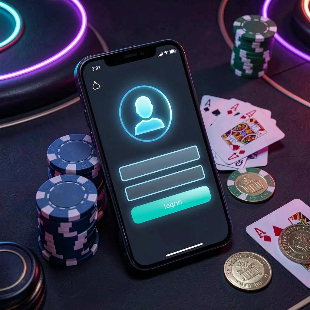 BK 933 casino app login scene on smartphone with glowing user profile icon, poker chips, playing cards, and coins on an elegant dark background with neon highlights