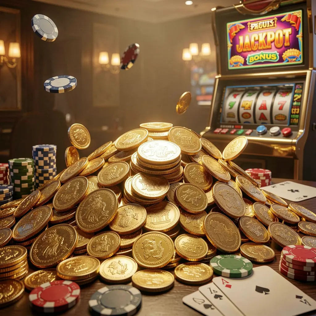 BK 933 jackpot bonus scene featuring a huge pile of golden coins, a slot machine in the background, poker chips, and playing cards under cinematic luxury lighting