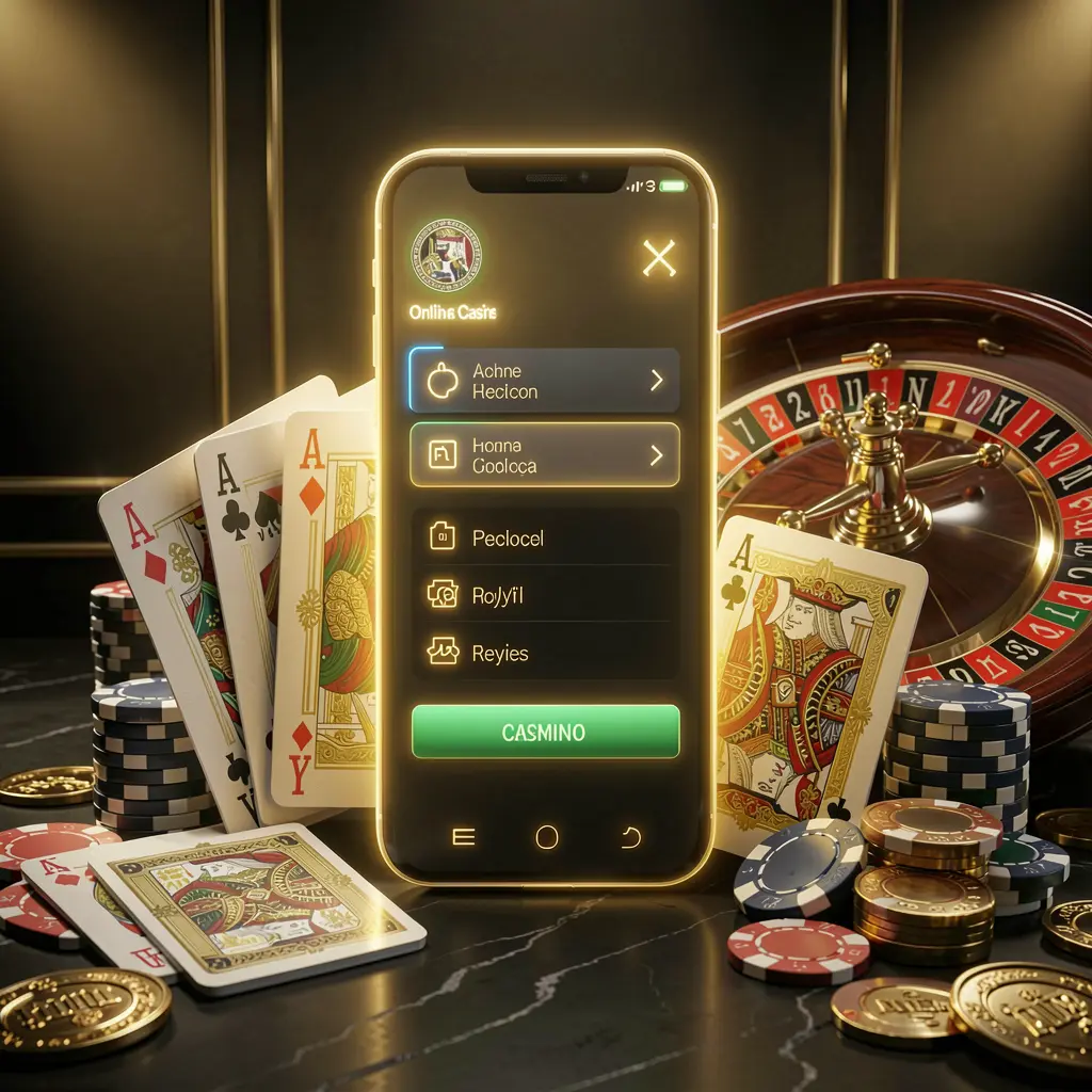 BK 933 online casino account portal featuring a glowing smartphone surrounded by premium cards, chips, roulette wheel, and coins against a black and gold background with cinematic lighting in a realistic 3D render