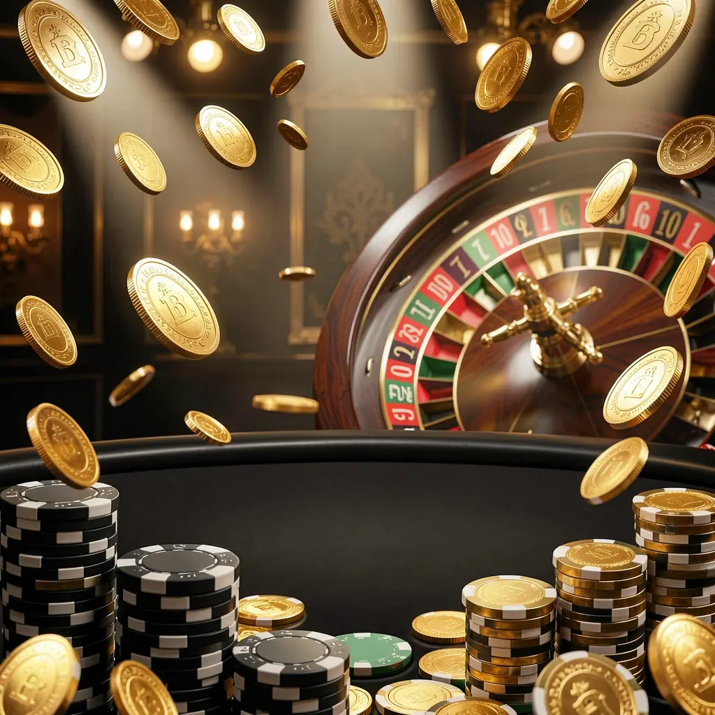 BK 933 online casino main page background featuring dramatic casino lights, flying golden coins, stacked poker chips in the foreground, and a roulette wheel behind in a luxury black and gold atmosphere